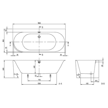 Ъглова свободно стояща вана Villeroy&Boch Oberon 2.1 180x80 см бяла дясна, прикрепена към стената, BTW