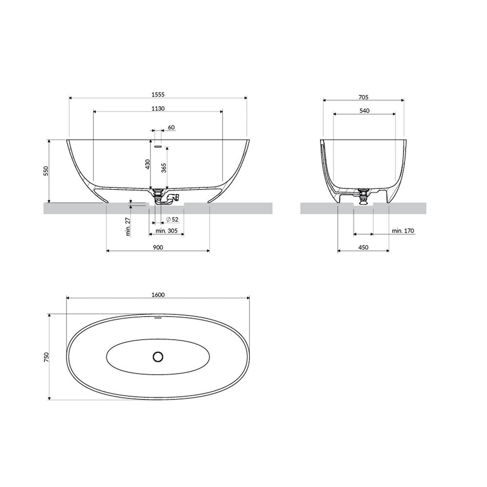 Свободностояща вана Omnires Shell M+ с лъскаво бяло покритие 160x75 cm