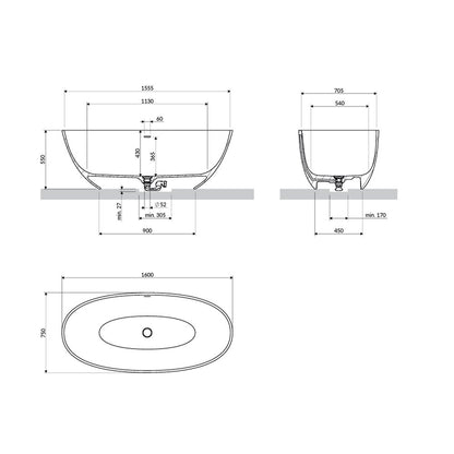 Свободностояща вана Omnires Shell M+ с лъскаво бяло покритие 160x75 cm