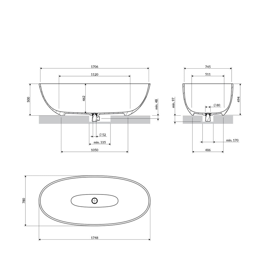 Свободностояща вана композит Omnires Shell M+ с бял гланцов завършек 175x78 cm