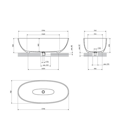 Свободностояща вана композит Omnires Shell M+ с бял гланцов завършек 175x78 cm