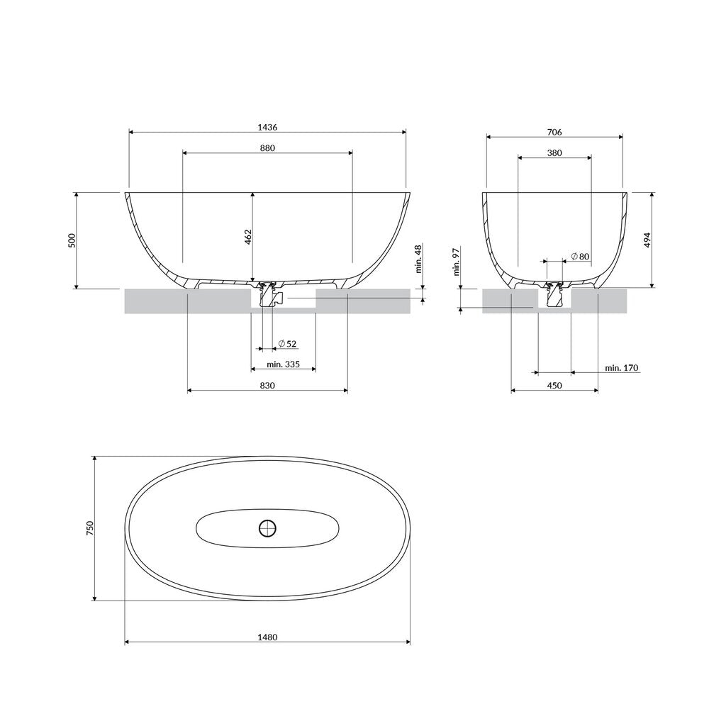 Свободностояща вана композит Omnires Shell M+ матово бяло 148x75 cm