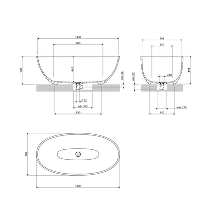 Свободностояща вана композит Omnires Shell M+ матово бяло 148x75 cm