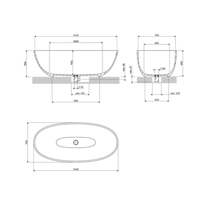 Свободностояща вана композит Omnires Shell M+ с матово сиво покритие 160x75 cm