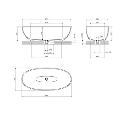 Свободностояща вана Omnires Shell M+ с матово покритие в цвят сив пепел 175x78 cm