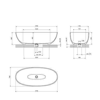 Свободностояща вана композит Omnires Shell M+ с матово черно покритие 175x78 cm