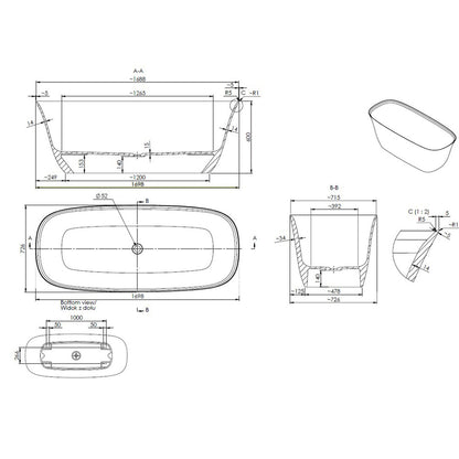 Freestanding bathtub made of Marmite composite Creta 170x73 cm