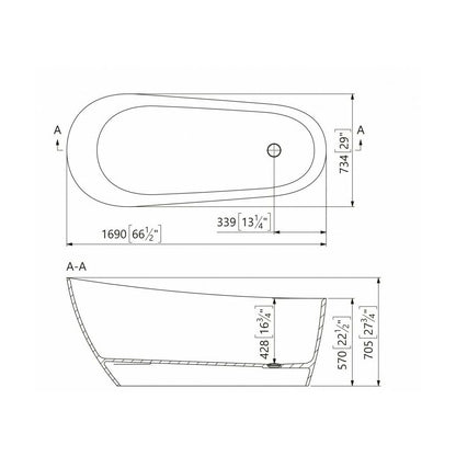 Freestanding bathtub made of Marmite composite Santorini 169x74 cm