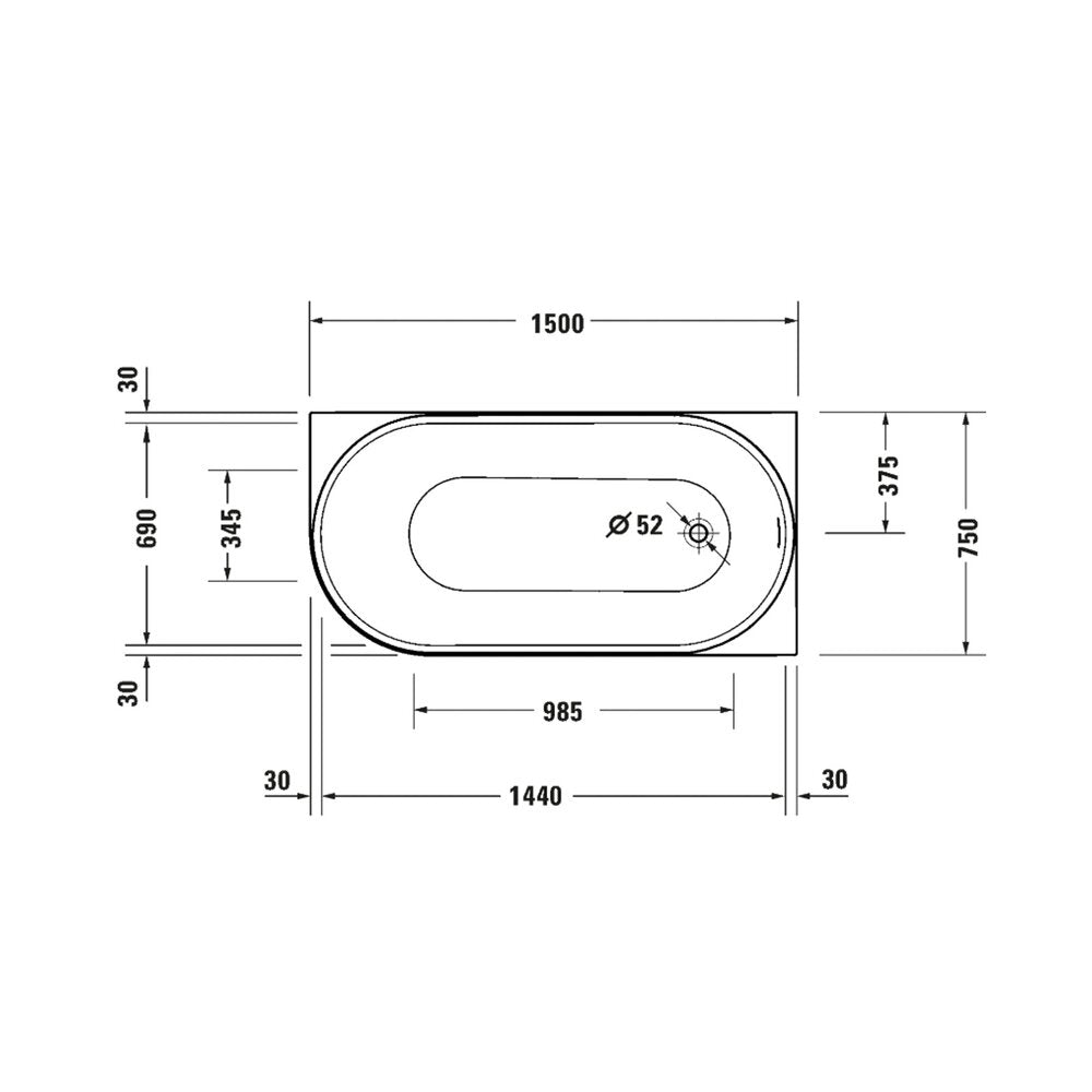 Свободностояща вана Duravit DuraSenja 150x75 cm бяла, дясна, прилепнала към стена, BTW