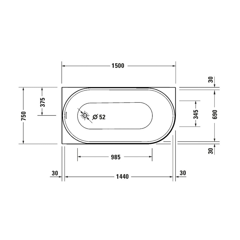 Свободностояща вана Duravit DuraSenja 150x75 cm бял завършек ляво прилепена към стената, BTW