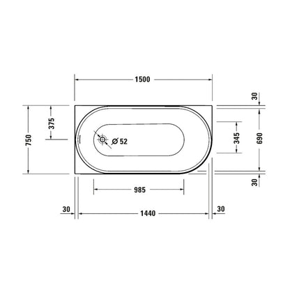 Свободностояща вана Duravit DuraSenja 150x75 cm бял завършек ляво прилепена към стената, BTW