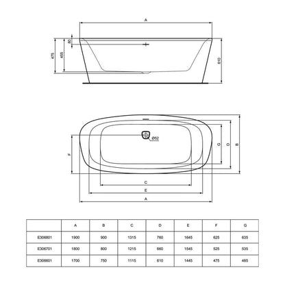 Freestanding Bathtub Ideal Standard Atelier Dea 180x80 cm Matte White - Black