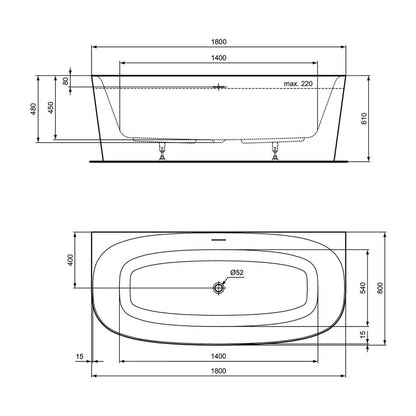 Фритенд баня Ideal Standard Atelier Dea 180x80 см бял лъскав, монтиран на стена, BTW