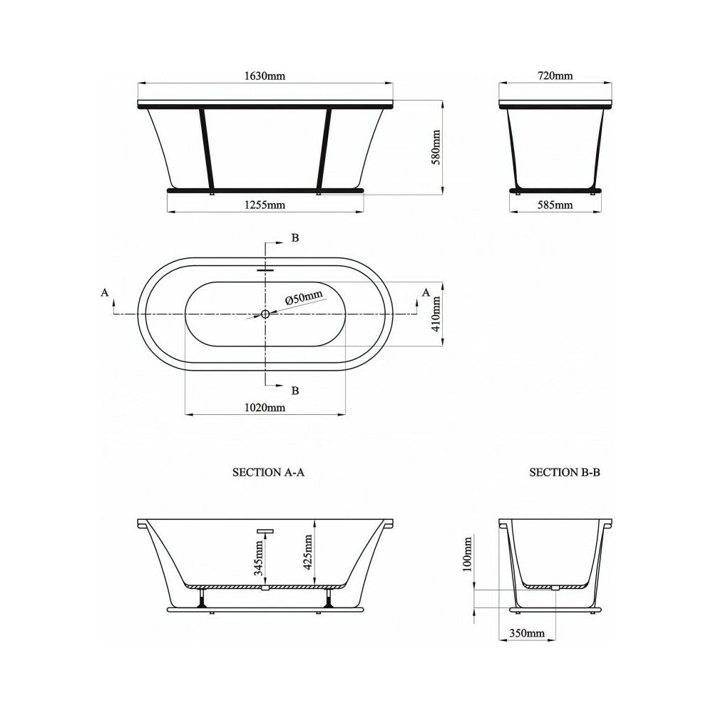 Свободно стояща вана Inter Ceramic акрил бяло-сива 163x72 см с черна рамка