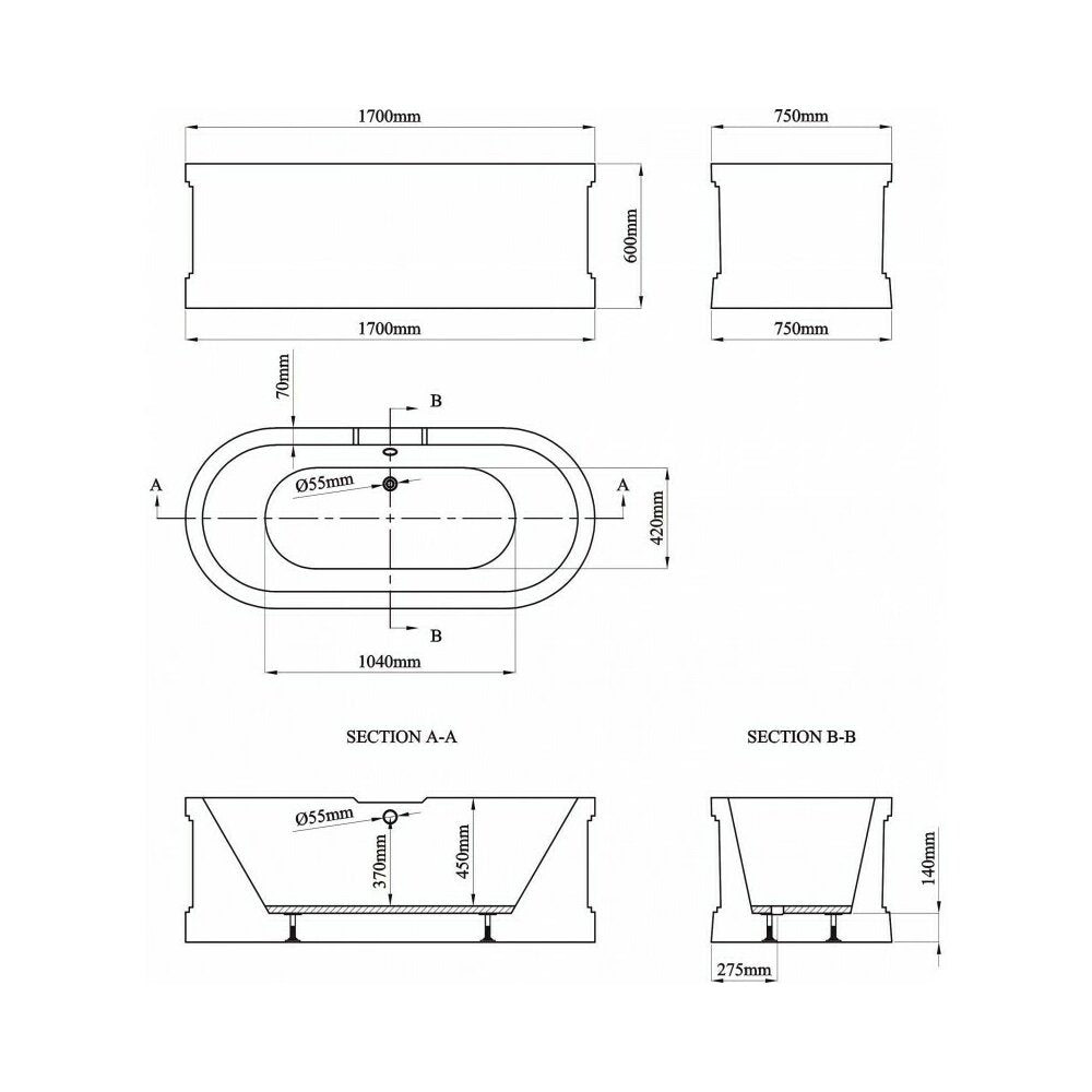 Freestanding Bathtub Inter Ceramic White-Grey Acrylic 170x75 cm