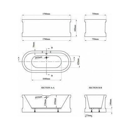 Freestanding Bathtub Inter Ceramic White-Grey Acrylic 170x75 cm