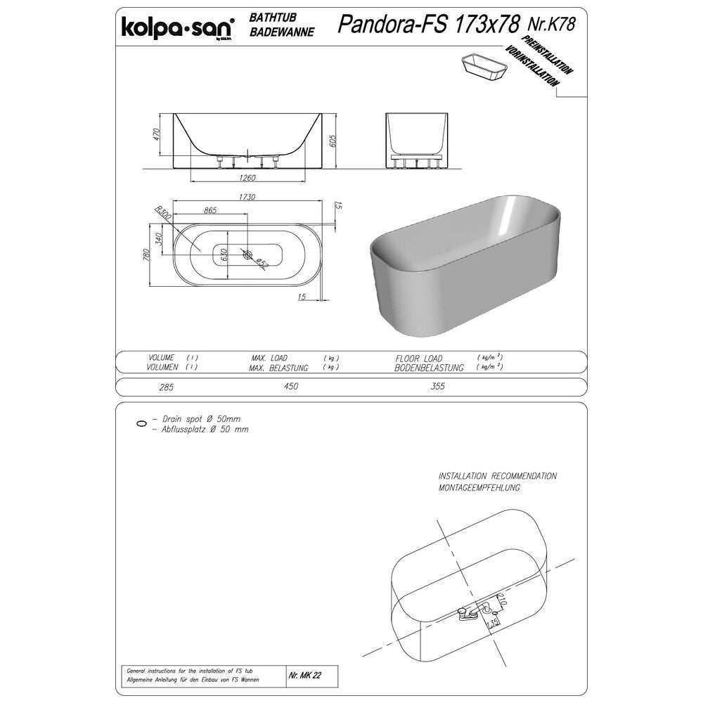 Kolpasan Pandora-FS White Freestanding Bathtub 173x68 cm