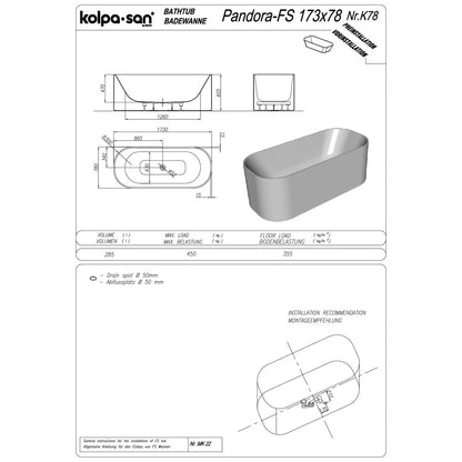 Kolpasan Pandora-FS White Freestanding Bathtub 173x68 cm