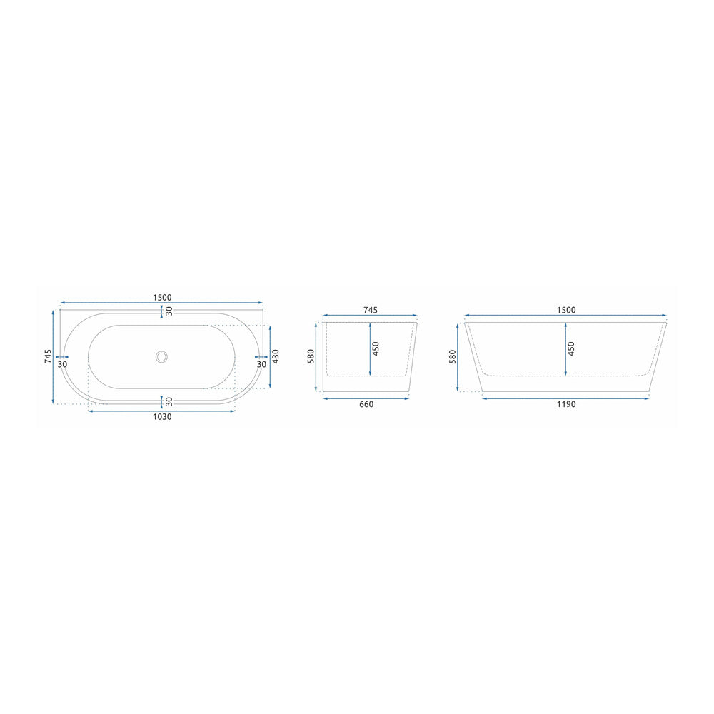 Rea Olimpia Freestanding Bathtub 150x75 cm Glossy White Wall-Mounted, BTW