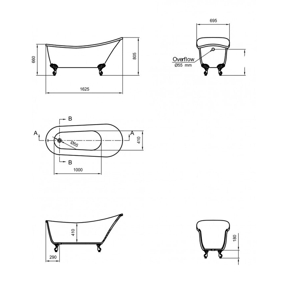 Retro Freestanding Bathtub Inter Ceramic Beige-White Acrylic 162.5x69.5 cm