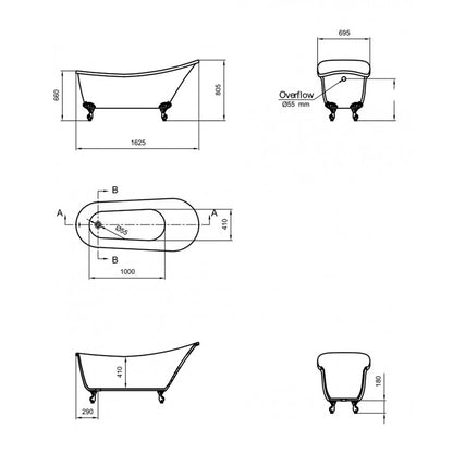 Retro Freestanding Bathtub Inter Ceramic Grey-White Acrylic 162.5x69.5 cm