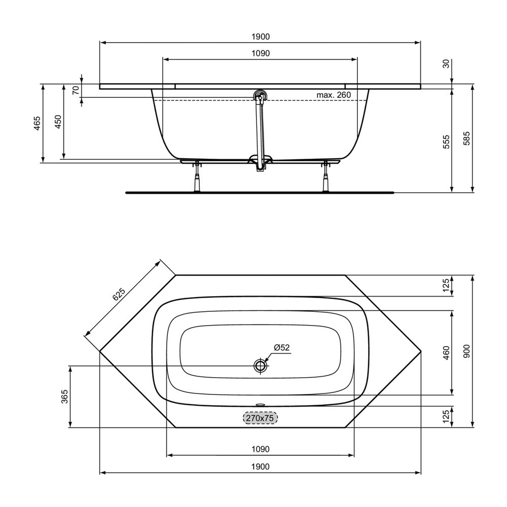 Ъглова вана Ideal Standard i.life хексагонална 190X90 см бяла лъскава