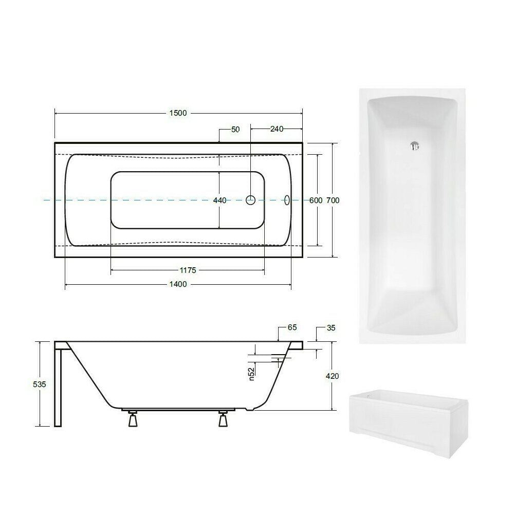 Правоъгълна вана Besco Optima 150x70 см с монтаж с панели