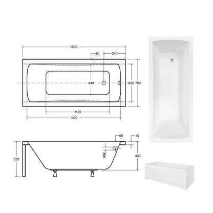Правоъгълна вана Besco Optima 150x70 см с монтаж с панели