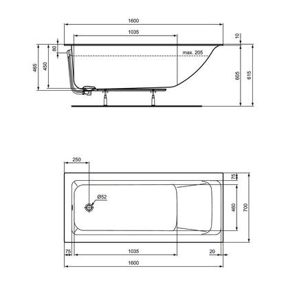 Ideal Standard Connect Air Rectangular Bathtub 160X70 cm Glossy White