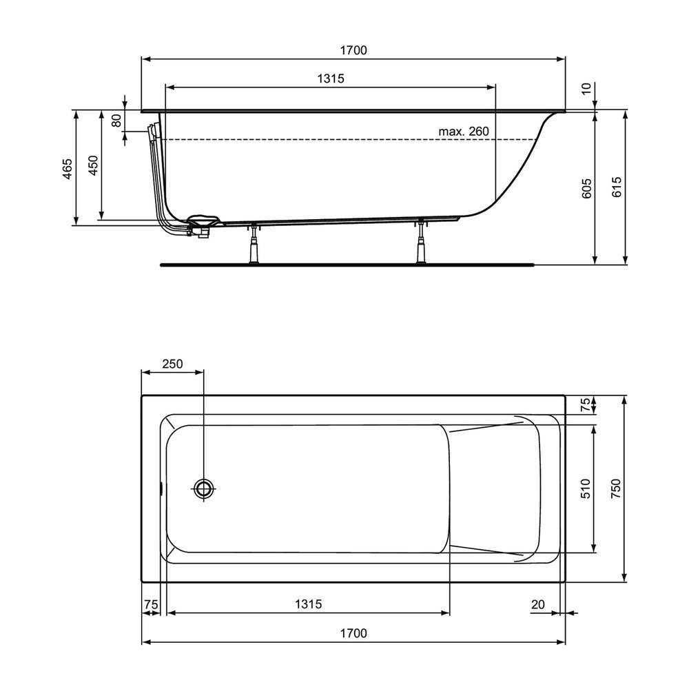 Ideal Standard Connect Air Rectangular Bathtub 170X75 cm Glossy White