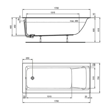 Ideal Standard Connect Air Rectangular Bathtub 170X75 cm Glossy White
