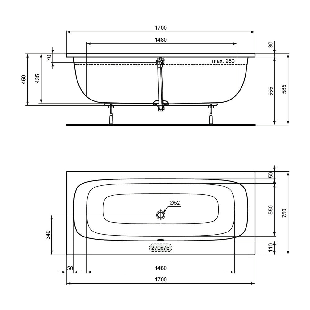 Ideal Standard i.life Rectangular Bathtub Glossy White 170X75 cm