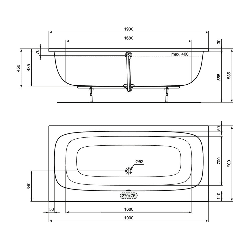 Ideal Standard i.life Rectangular Bathtub Glossy White 190X90 cm