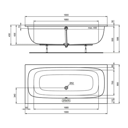 Ideal Standard i.life Rectangular Bathtub Glossy White 190X90 cm