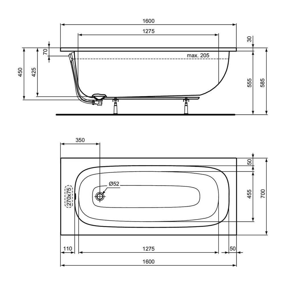 Rectangular Bathtub Ideal Standard i.life glossy white 160X70 cm