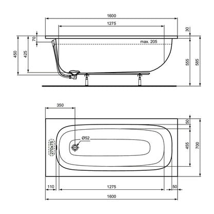 Rectangular Bathtub Ideal Standard i.life glossy white 160X70 cm