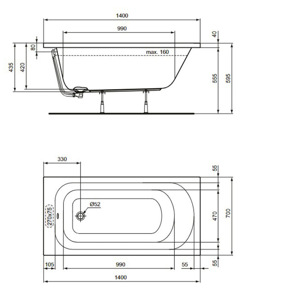 Ideal Standard Simplicity Rectangular Bathtub 140x70 cm