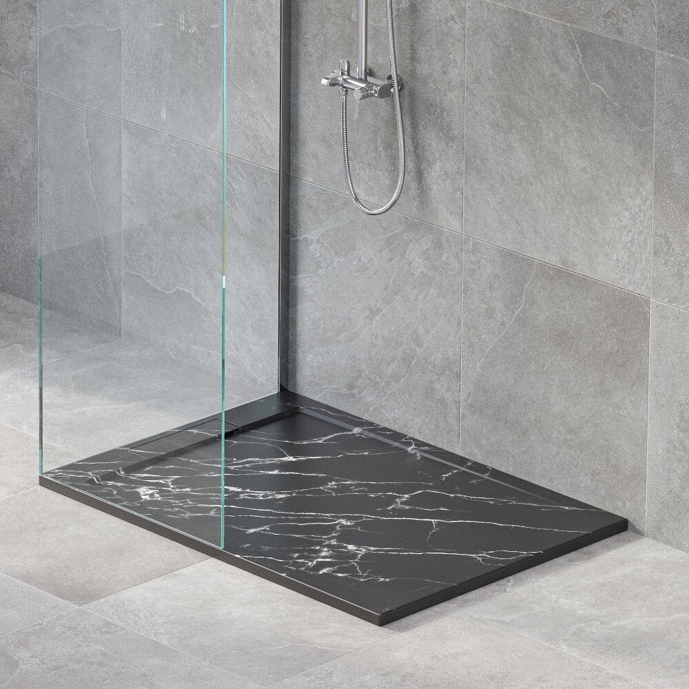 Композитна душ кабина Inter Ceramic правоъгълна 140x80 см черен мат, мраморен завършек