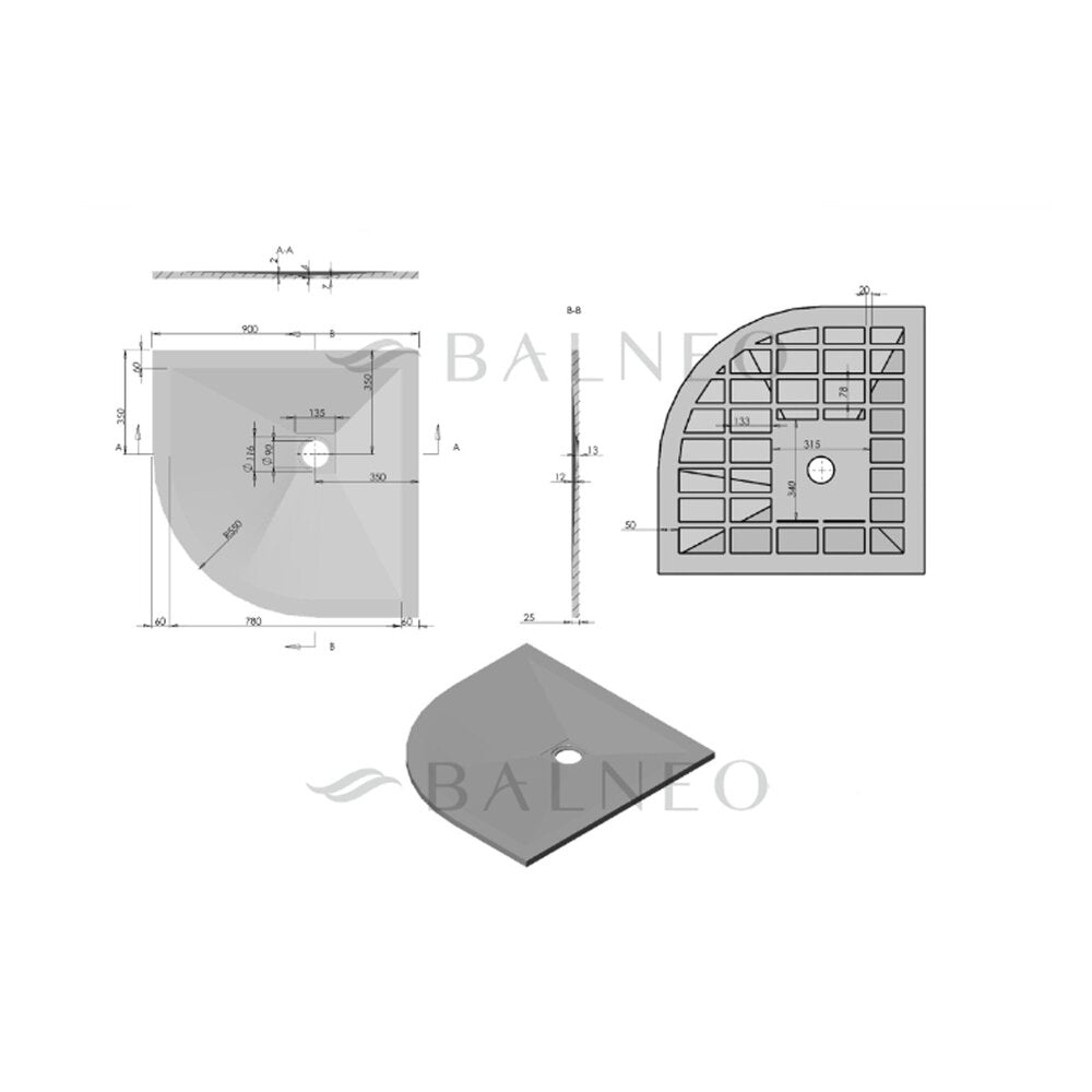 Полукръгла душ кабина Balneo Stone Tray от композит 90x90 тъмен сив