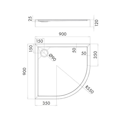 Semi-Round Shower Tray Omnires Camden White 90x90 cm