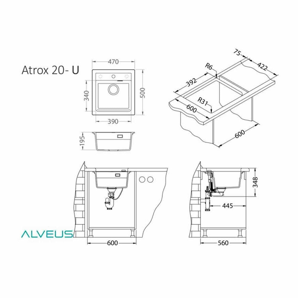 Alveus Atrox 20 White Composite Sink 47x50 cm