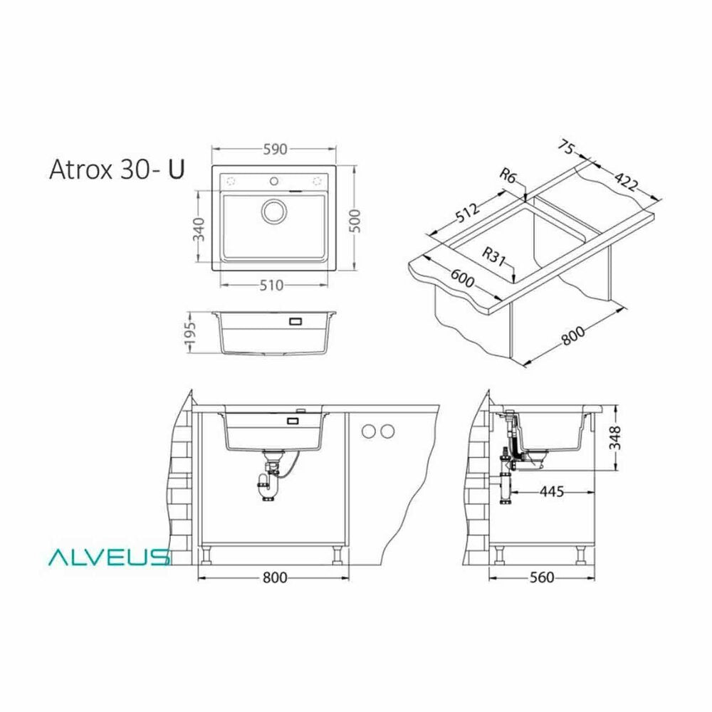 Alveus Atrox 30 White Composite Sink 59x50 cm
