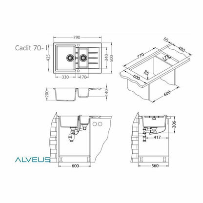 Чифтова мивка Alveus Cadit 70 сив 79x50 см