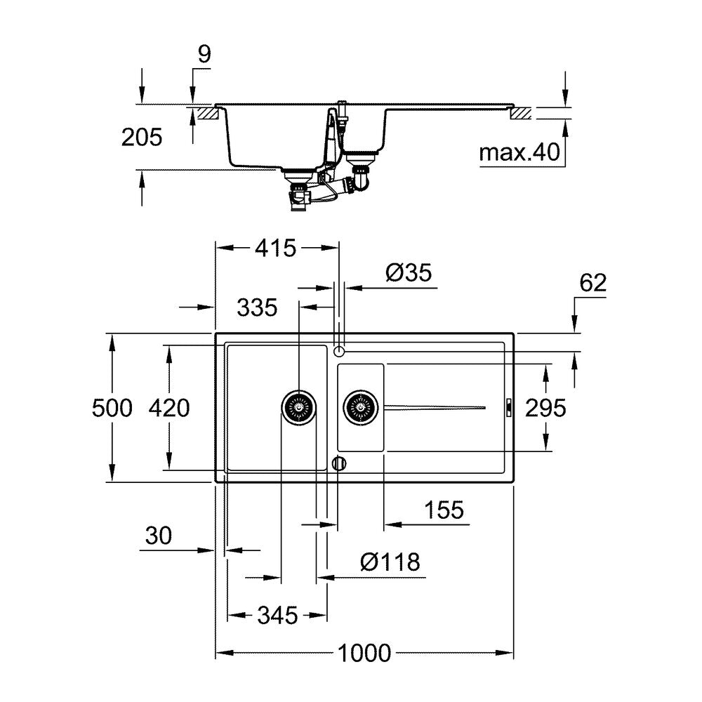Чешма композит Grohe K400 100x50.1 см черна с 2 корита
