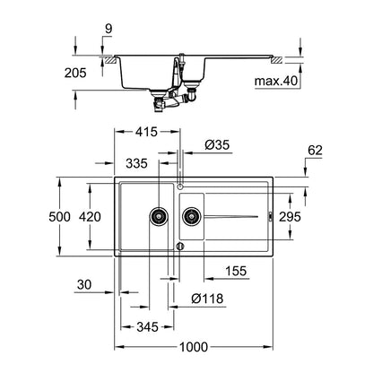 Чешма композит Grohe K400 100x50.1 см черна с 2 корита