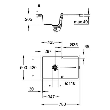 Композитна мивка Grohe K400 78x50.1 см черна
