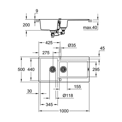 Grohe K500 Composite Sink 100x50.1 cm Gray with 2 Bowls