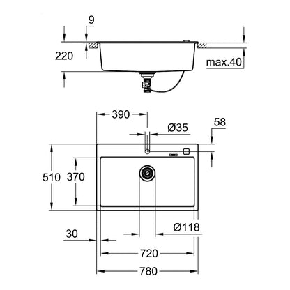 Чугунена мивка Grohe K700 78x51.1 см черна