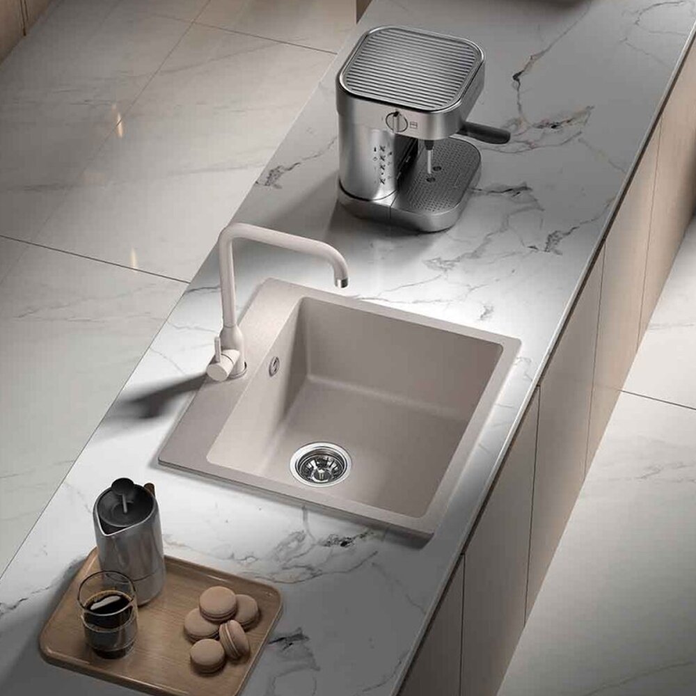 Композитна мивка Inter Ceramic с гранитен финиш сив пясък 50x50 см с отвор за батерия