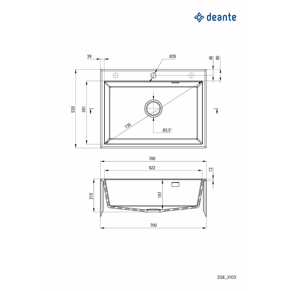 Deante Eridan Granite Sink 52x70 cm Grey